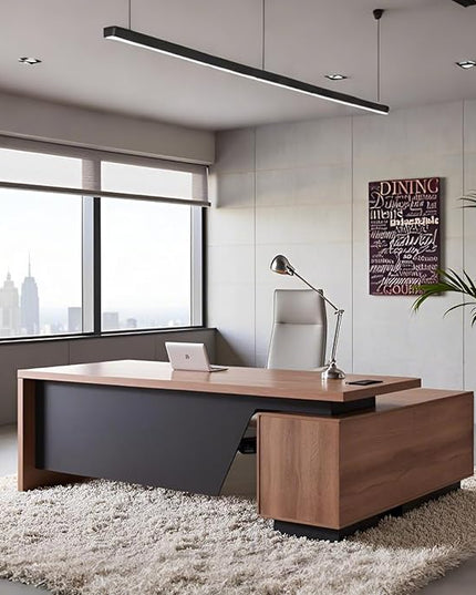 Retractable L-Shaped Executive Desk, Modern Office Desk with Drawers and Lateral File Cabinet, Large Computer Desk with Storage Shelves, Workstation for Home Office (Left Return, 86.6 - 94.5 IN)