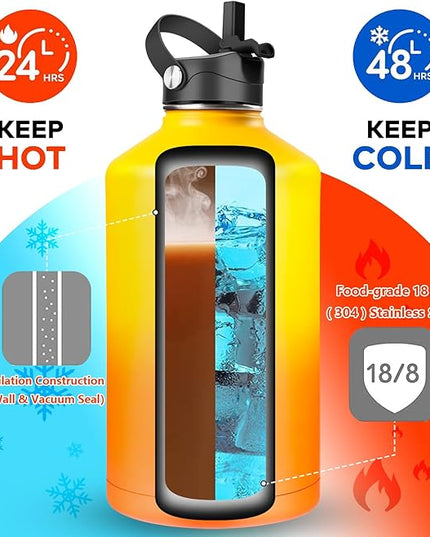 Water Bottle Insulated 32oz 40oz 64oz 128oz Straw Lid Spout Lid & 3 Lids, Leak Proof, Vacuum Insulated,Stainless Steel Water Bottle Wide Mouth for Sports, Gym or Office