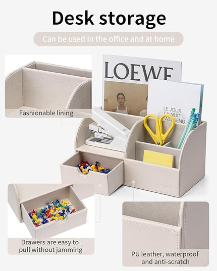 Vlando Office Desk Organizer Leather Desktop Organizer Caddy with Drawer for Storing Desktop Supplies and Accessories (White)