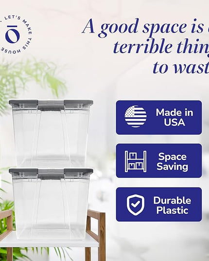 HOMZ 2-Pack Secure Latch, Clear Plastic Storage Organizer Bins, 64 Quart, Gray Lid - Heavy-Duty Container Boxes with Lids for Home, Office, and Garage