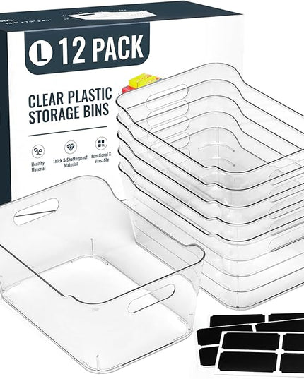 12 PACK Multi-Use Clear Plastic Storage Bins for Organizing w/Labels - Home, Kitchen, Pantry, Bathroom, Office, Cabinet Shelf Organizer Bins - SOHO Collection, RV, Fridge Organization Containers - L