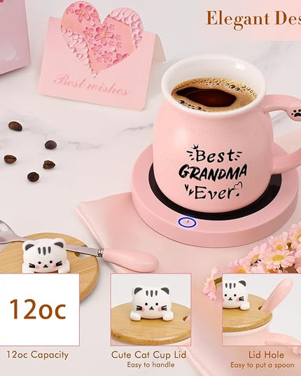 Coffee Mug Warmer, Best Grandma Ever Mug, Cute Cat Mug Set, Coffee Cup Warmer for Desk, Gifts for Grandma, Pink Heated Coffee Warmer for Nana Home Office Christmas Birthday Gifts