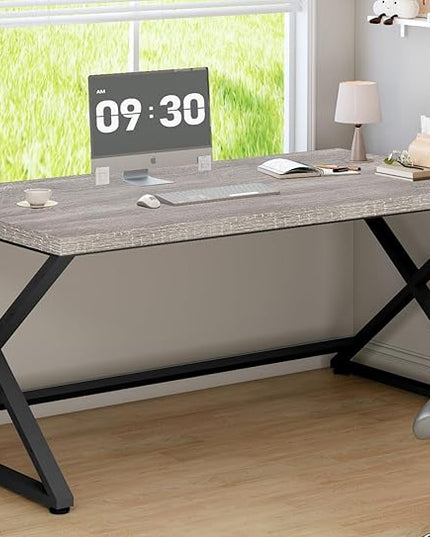 IBF Gray Computer Desk, Industrial 60” Work Desk for Writing Study, Simple Wooden Metal Executive Home Office Desk, Modern Pc Gaming Laptop Workstation Computer Table in Bedroom, Light Grey Oak