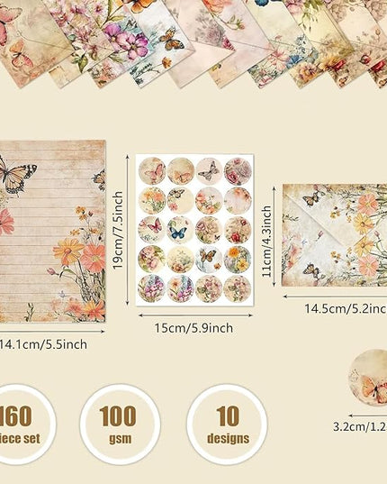 160 Pcs Stationery Paper Envelopes Set Includes 50 Lined Writing Paper & 50 Envelopes with 60 Colorful Round Dot Stickers, Cute Vintage Floral Letter Writing and Stationery Paper Envelopes(10Style)
