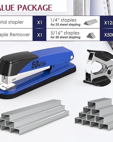 Metal Stapler Heavy Duty 50 Sheet Capacity with 1750 Staples and Staple Remover, Full Strip Staplers for Desk, No Jam, Non-Slip for Office & Classroom, Blue