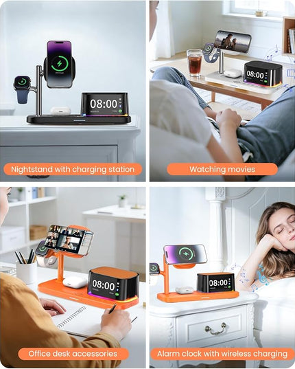 6-in-1 Wireless Charging Station for Multiple Apple Devices with Bluetooth Speakers Alarm Clock Night Light，Qi2.2 Phone Charger Stand for iPhone 17/16/15/14/13/12 Pro Max Apple Watch Airpods