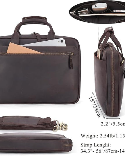 Leather Slim Briefcase for Men 15.6" Laptop Crossbody Messenger Bag Business Work Lawyer Attache Case