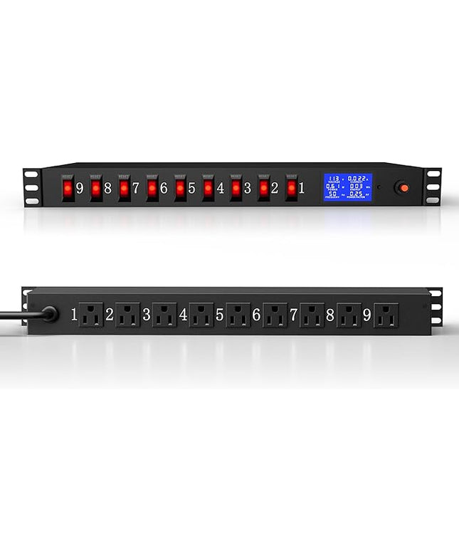 9 Outlet Rack Mount Power Strip with Individual Switches, PDU Surge Protector 15A 125V 1875W, 1U Server Rack Power Distribution Unit with Overload Protection and Power Monitoring, 6.5FT Cord