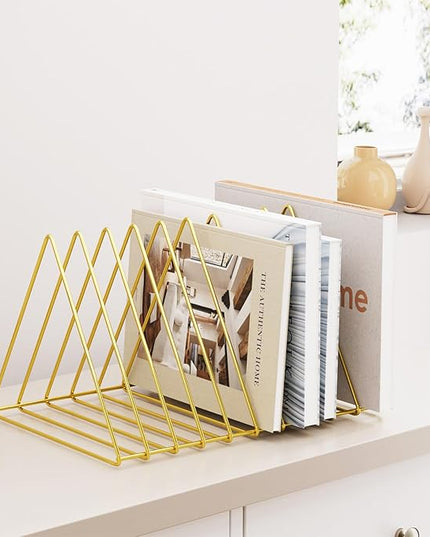 Urban Deco Triangle Desk Organizers Metal Wire Magazine Holder 10 Sections Decorative File Folder Organizer Vinyl Record Storage Office File Organizer For Desk - Gold Magazine File Holder