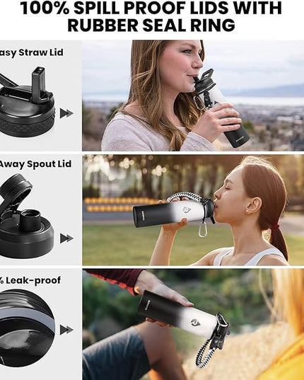 Insulated Water Bottle 24oz, Triple Wall Vacuum Stainless Steel (Cold for 48 Hrs, Hot for 24Hrs), Leak Proof & Non-BPA, 24oz Hydro Water Flask with Paracord Handle & Straw Spout Lids