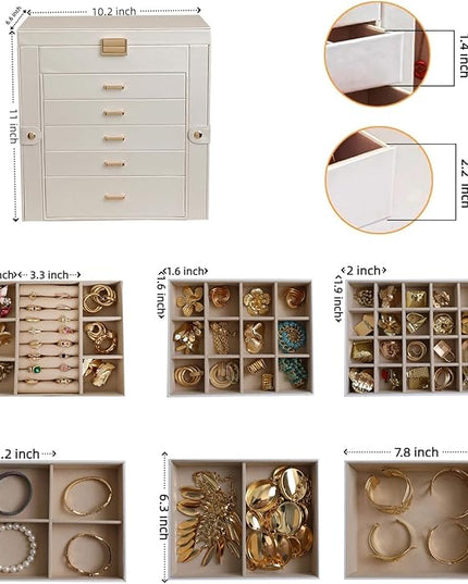 BOOVO Jewelry Box For women, 6 Layer Large Jewelry Organizer With Mirror, Multi-Function Storage Box With Lock, Necklace Holder With 5 Drawers, For Earrings Necklace Bracelet (Pearl White and Gold)