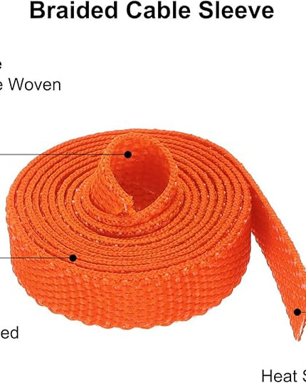 MECCANIXITY Braided Cable Sleeves Heat Shrinkable Fabric Sleeving, 1/4" 3ft Orange 2:1 Ratio Heat Shrinkable Cord Protector for Harness Cable, Network Cable Protection, Cable Management