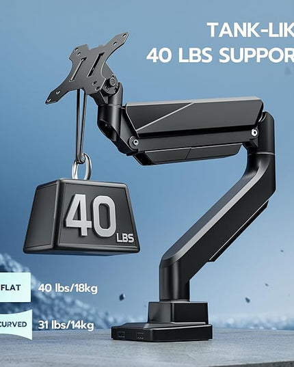 ARES WING Ultrawide Monitor Arm, Heavy Duty Single Monitor Mount for 13"-49" Curved Screens, Adjustable Stand for Desk with C-clamp & Grommet Base up to 40 LBS, Black
