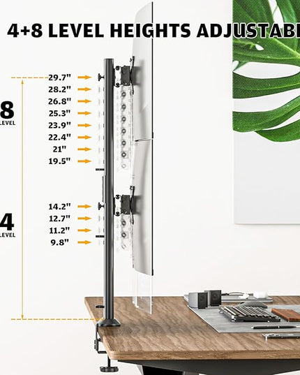 HEMUDU Dual Monitor Articulating Desk Mount Arm Stand - Vertical Stack Screen Supports Two 13 to 34 Inch Computer Monitors with C Clamp
