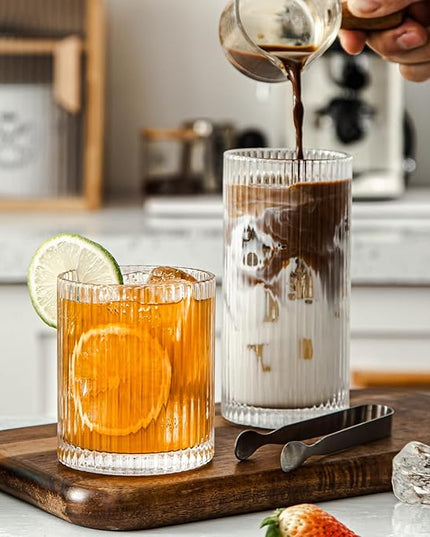 Set of 8 Ribbed Glassware, 4 Large Glasses 13 oz, 4 Rocks Glass Cups 10 oz
