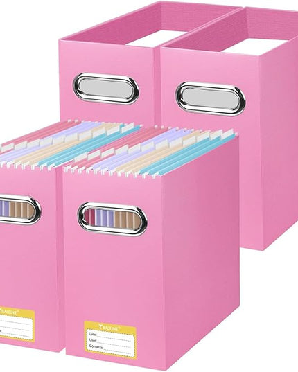 BALEINE File Organizer Box, Cardboard File Folder Organizer with Handle for Letter Size, Portable Collapsible Hanging Filing Box for Home Office Document Storage (4 Pack, Pink)