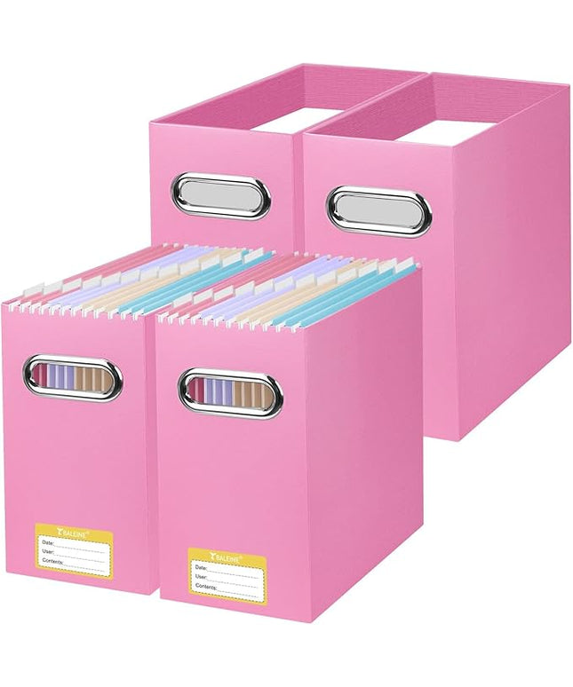 BALEINE File Organizer Box, Cardboard File Folder Organizer with Handle for Letter Size, Portable Collapsible Hanging Filing Box for Home Office Document Storage (4 Pack, Pink)