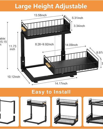 Under Sink Organizer, High Adjustable 2 Tier Under Kitchen Sink Organizer, Multi-Purpose Storage Shelf for Kitchen Bathroom Cabinet, Black