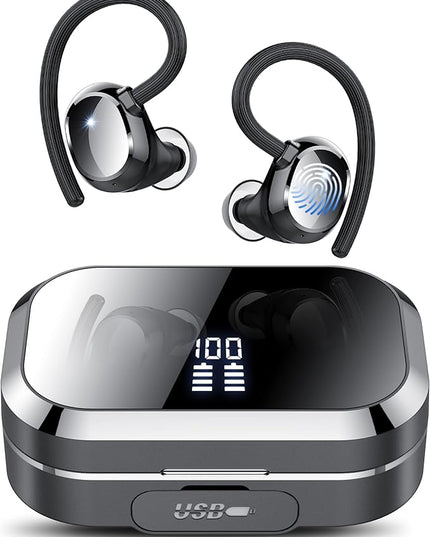 KT1 Bluetooth Headphones Wireless Earbuds 120hrs Playtime Wireless Charging Case Digital Display, Ear Buds with Earhook,IPX7 Waterproof, Deep Bass 2.0,Over-Ear Earphones for Sport Running