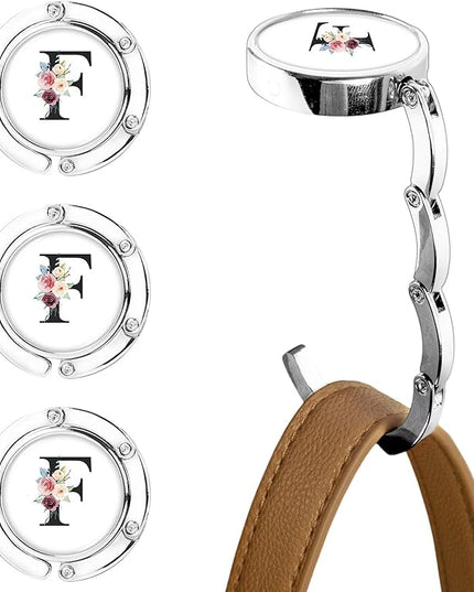 XSUIOY 3Pcs Personalized Initial Foldable Purse Hook for Table,Crushed Flower Letters Folding Purse Hanger,Purse Holder Handbag Hanger Collection Desk Table Bag Hooks Gifts for Women Bag(Black-F)