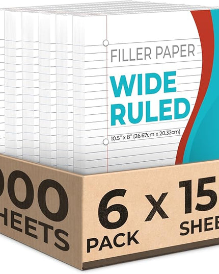Rosmonde Loose Leaf Paper, 900 Sheets, 6 Pack, Wide Ruled, 8" x 10.5", 56 gsm Bulk Office Filler Sheets, 3 Hole Punched, 150 Sheets/Pack, Wide Ruled for 3 Ring Binder, Notebook Paper, White