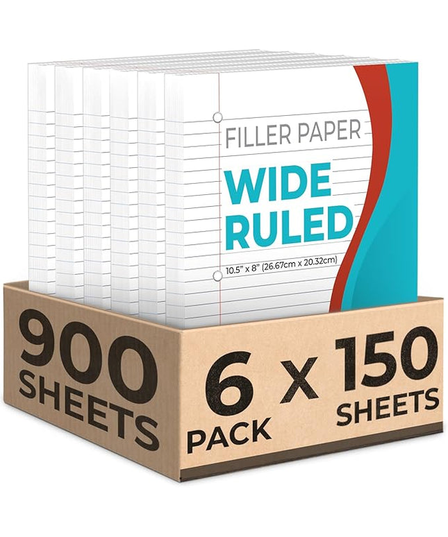 Rosmonde Loose Leaf Paper, 900 Sheets, 6 Pack, Wide Ruled, 8" x 10.5", 56 gsm Bulk Office Filler Sheets, 3 Hole Punched, 150 Sheets/Pack, Wide Ruled for 3 Ring Binder, Notebook Paper, White