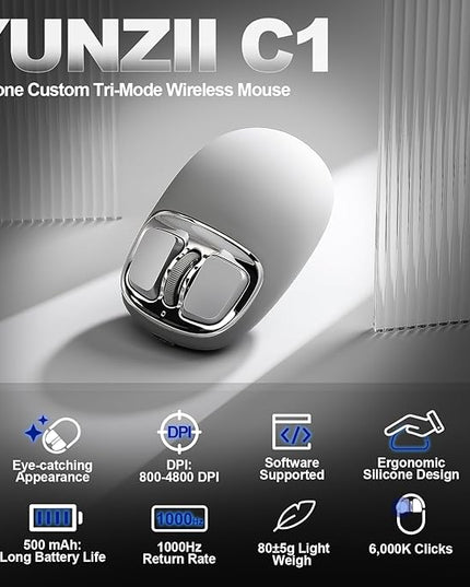 YUNZll C1 Silicone Wireless Mouse, Tri-Mode 2.4G/USB-C/Bluetooth Mouse, 4800 DPl Optical Tracking, 6 Adjustment Levels,Customize Mice for Laptop, Computer, iPad, MacBook (Gray Silver)