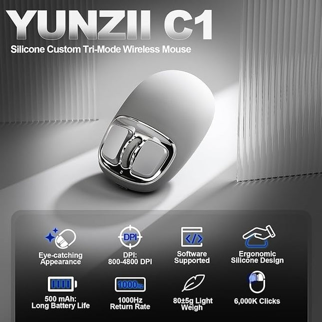 YUNZll C1 Silicone Wireless Mouse, Tri-Mode 2.4G/USB-C/Bluetooth Mouse, 4800 DPl Optical Tracking, 6 Adjustment Levels,Customize Mice for Laptop, Computer, iPad, MacBook (Gray Silver)