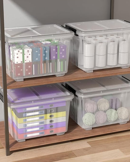 Zopnny 50 Qt Stackable Plastic Storage Bins with Lids, 4 Pack - BPA-Free, See-Through Organizing Solution, Latches, Wheels, Durable Nestable Containers, Clear