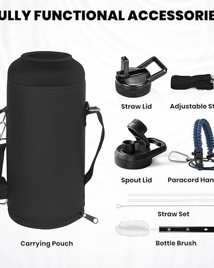 Insulated Water Bottle 87 oz, Triple Wall Vacuum Stainless Steel (Cold for 48 Hrs), Leak Proof & Non-BPA, Modern Water Flask Jug with Paracord Handle & Straw Spout Lids, Navy Blue