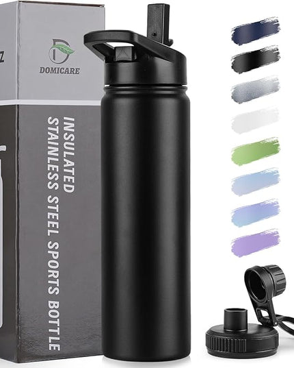 DOMICARE Insulated Water Bottle, 22 oz Vacuum Insulated Stainless Steel Reusable Sports Bottle with Straw Lid & Spout Lid for Travel, Camping, Bike, Leakproof, Black, 1 Pack