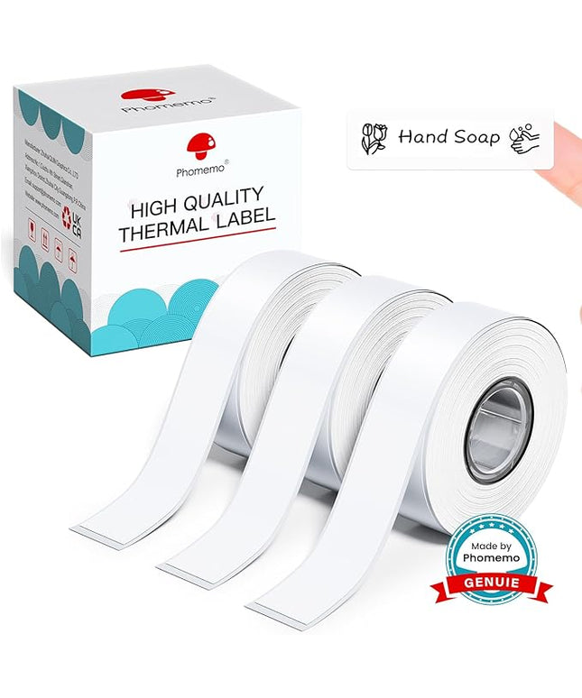 Phomemo Labels, D30 Label Tape Continuous Print Master Labels Refill, Smart Mini Label Maker Refill D30 D35 Black on White Sticker Thermal Paper Self-Adhesive, 15mm x 6m (0.59 x 236.22 Inch) 3-Roll