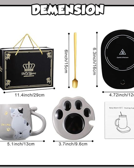 Honeydak Coffee Mug Warmer Cute Cat Mug Set Cup Warmer for Women Heated Coffee Warmers for Mom Home Office Desk Valentine's Day Anniversary Birthday Gifts(Cat,Gray)