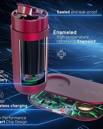 LEGARDLILIU Temperature Control Heated Coffee Mug Smart Self Heating Travel Mug 12 Oz App Controlled Warmer Mug 4-10 Hour LED Display Keep Coffee Hot Fast Wireless Charger Base Rogue red