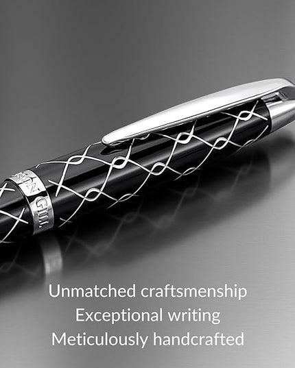 Webson Gill ‘The Weaver’ Black Luxury Executive Fountain Pen, Polished Lacquer & Chrome, Medium Nib, Smudge Free No Bleed, Use Any Fountain Ink w/Included Converter, Fits Cartridges (sold separately)