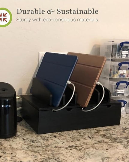 Prosumer's Choice Charging Station for Multiple Devices - 5 Device Charger Organizer for Smartphones and Tablets - Wooden Rack with Removable Dividers - Charging Dock for Work from Home - Black