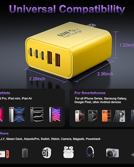 USB C Fast Wall Charger Block, 2Pack 60W USBC Charging Cubes, 5-Port PD+QC Power Adapter Multiport Brick Type C Box Plug for Phone 16/15/14/13/12/11/Pro Max/Plus, Pad Mini/Pro/S25/S24-Yellow
