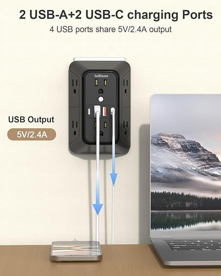JcBlaon Outlet Extender Surge Protector - 6 Outlet Splitter with 4 USB Ports (2 USB C), Multiple Plug Expander Wall Charger, 3 Sided Multi Plug Wall Adapter Power Strip for Home Office Kitchen Travel