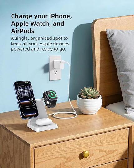 Charging Station for Multiple Devices Apple: 3 in 1 Magnetic Wireless Charger Stand for MagSafe-Compatible Nightstand Charging Dock for iPhone 17 16 15 14 13 12 Pro Max Plus Apple Watch Airpods