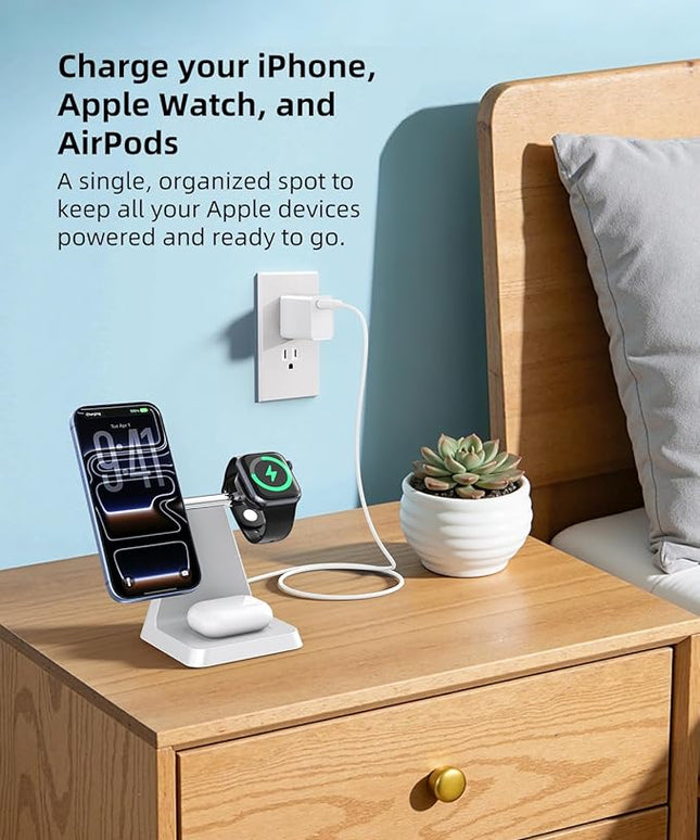 Charging Station for Multiple Devices Apple: 3 in 1 Magnetic Wireless Charger Stand for MagSafe-Compatible Nightstand Charging Dock for iPhone 17 16 15 14 13 12 Pro Max Plus Apple Watch Airpods