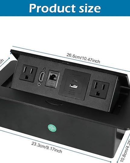 Hidden Pop-Up Outlet with 20W USB C Port Electrical Pop-Up Box Recessed Multimedia Strip Socket with 2 AC Outlets, USB A & USB C Ports with Outlet Network HDMI for The Conference Table (Black-B)