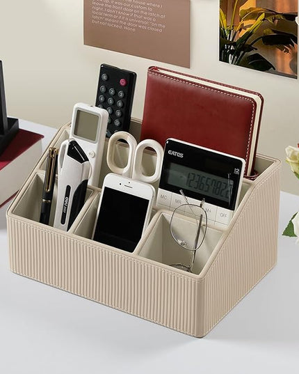 Cretkhp Remote Control Holder with 5 Compartments for Office Art Supplies, PU Leather Nightstand Organizer Pencil Pen Desk Caddy for Home, Desktop TV Remote Control Organizer Storage (Striped Beige)