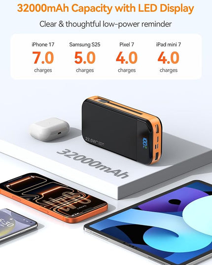 Portable Charger Power Bank Built-in Cables, 32000mAh 22.5W USB C Fast Charging, 5 Outputs 3 Inputs Travel Essentials Battery Pack Compatible with iPhone, iPad, Samsung, Google Pixel, Orange