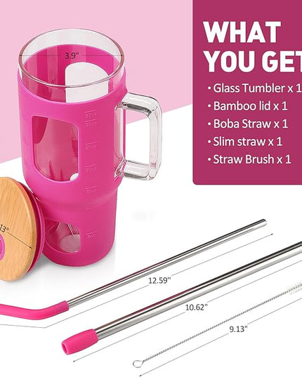 Glass Tumbler with Straw & Lid, 32 oz Glass Cup with Handle, Water Bottle with Time Marker - Pearl Straw & Silicone Protective Sleeve - Rose Red