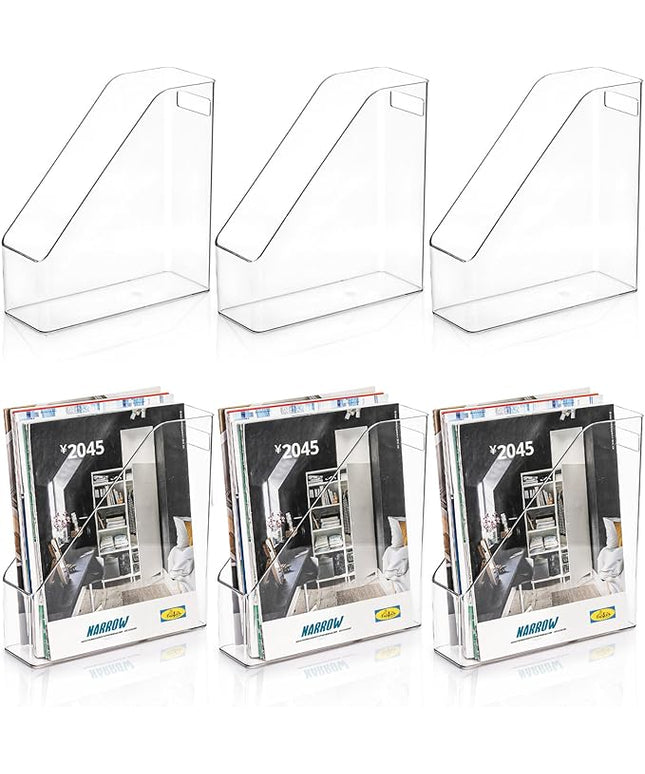 6 Pack Clear Magazine Holder, File Magazine Rack with Handle, Vertical Folder Document Storage, Magazine File Organizer for Desk, Office, Home, School