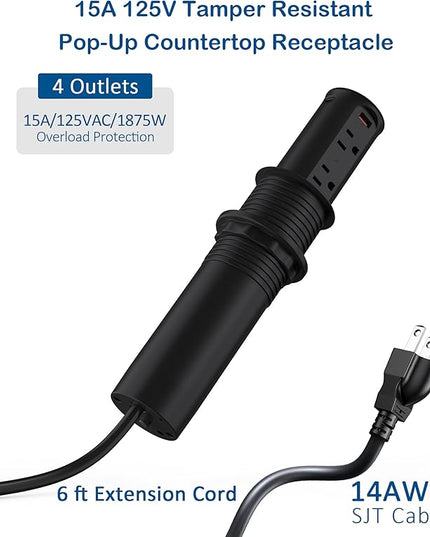 Pop up Outlet for Countertop,2.5 Inch Hole Desktop Power Grommet,Recessed Power Strip,20W USB C Fast Charging,4 Outlets 4 USB Ports,15Amp Tamper Resistant Receptacle for Home,Kitchen,Office Black