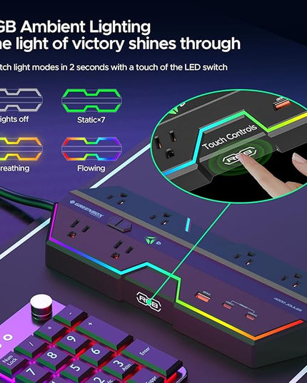 4000J Surge Protector Power Strip with USB Ports, 6 Outlet Power Strip with RGB Lights and PD 20W Fast Charging, Wide-Spaced Outlet Perfect for e-Sports, Game PC, Home and Offices