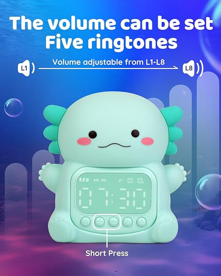 Axolotl Alarm Clock with Night Light for Kids, Rechargeable Silicone Lamp Time to Wake Clock Cute Animal Tabletop Lamp, Perfect Sleep Companion for Boys Girls, Green