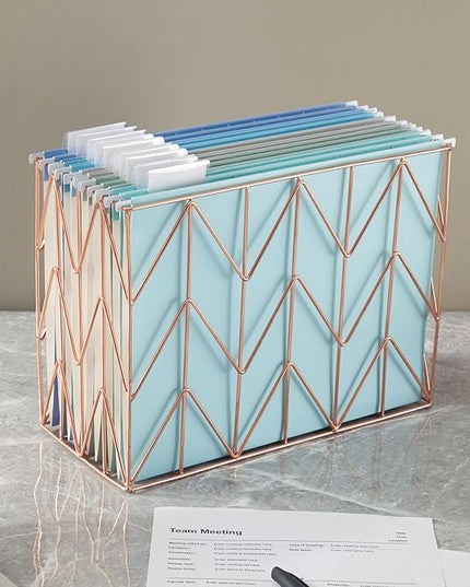 Beramon 1 Pack Rose Gold Hanging Folder Desk Organizer Decorative Organizer Metal Wire Baskets Suitable for Hanging file folder Design for Home Offices Supplies, 9.4 X 11.8 Inch