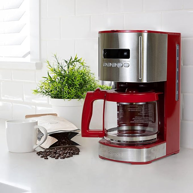 Kenmore Drip Coffee Maker - 12 Cup Programmable Cafe Machine With Glass Pot, Regular & Bold Brew, Auto Shut Off Large Water Reservoir, Reusable Filter, Kitchen Appliances For Cafeteria Barista, Red